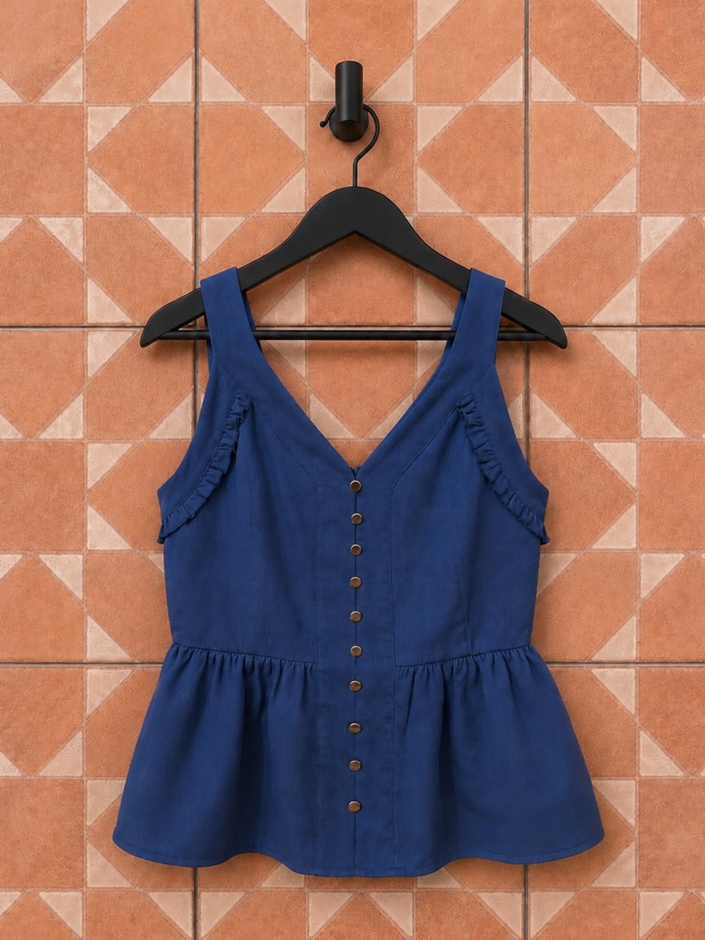 Maison Jules Indigo V-Neck Button Peplum Tank